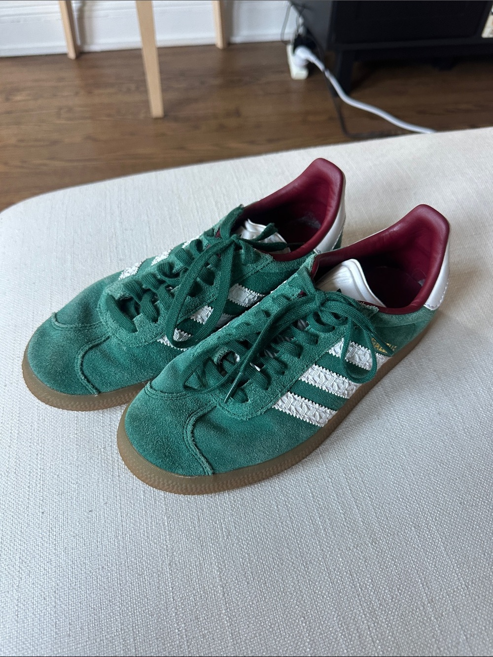 adidas Green Suede Sneakers with White Stripes and Burgundy Lining